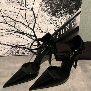 Saint Laurent Black Patent Leather Pointed-Toe Ankle-Strap Heels